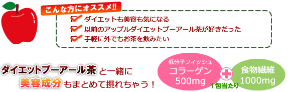 こんな方にオススメ!!　ダイエットも美容も気になる。以前のアップルダイエットプーアール茶が好きだった。手軽に外でもお茶を飲みたい。