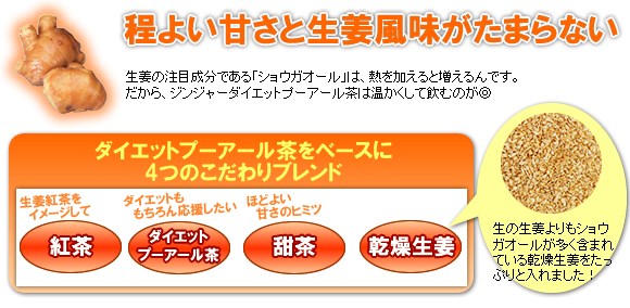 程よい甘さと生姜風味がたまらない　運動不足になりがちで代謝が気になってきた方にオススメの健康茶　生姜の注目成分である「ショウガオール」は、熱を加えると増えるんです。だから、ジンジャーダイエットプーアール茶は温かくして飲むのが◎