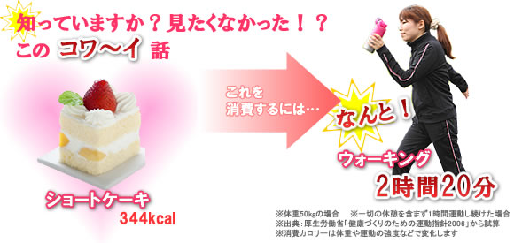 知っていますか?見たくなかった!?このコワ～イ話　　ケーキ344kcalを消費するには、なんと!ウォーキング2時間20分しなくてはならないなんて!