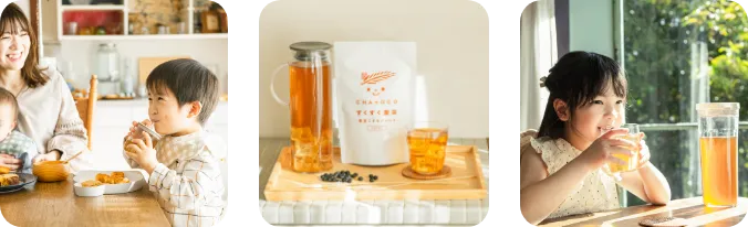 麦茶を飲んでいる様子や商品の写真