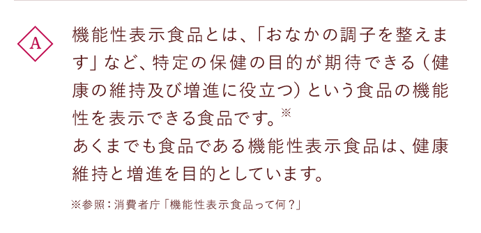A 機能性表示食品とは、「おなかの調子を整えます」など、特定の保健の目的が期待できる（健康の維持及び増進に役立つ）という食品の機能性を表示できる食品です。※あくまでも食品である機能性表示食品は、健康維持と増進を目的としています。