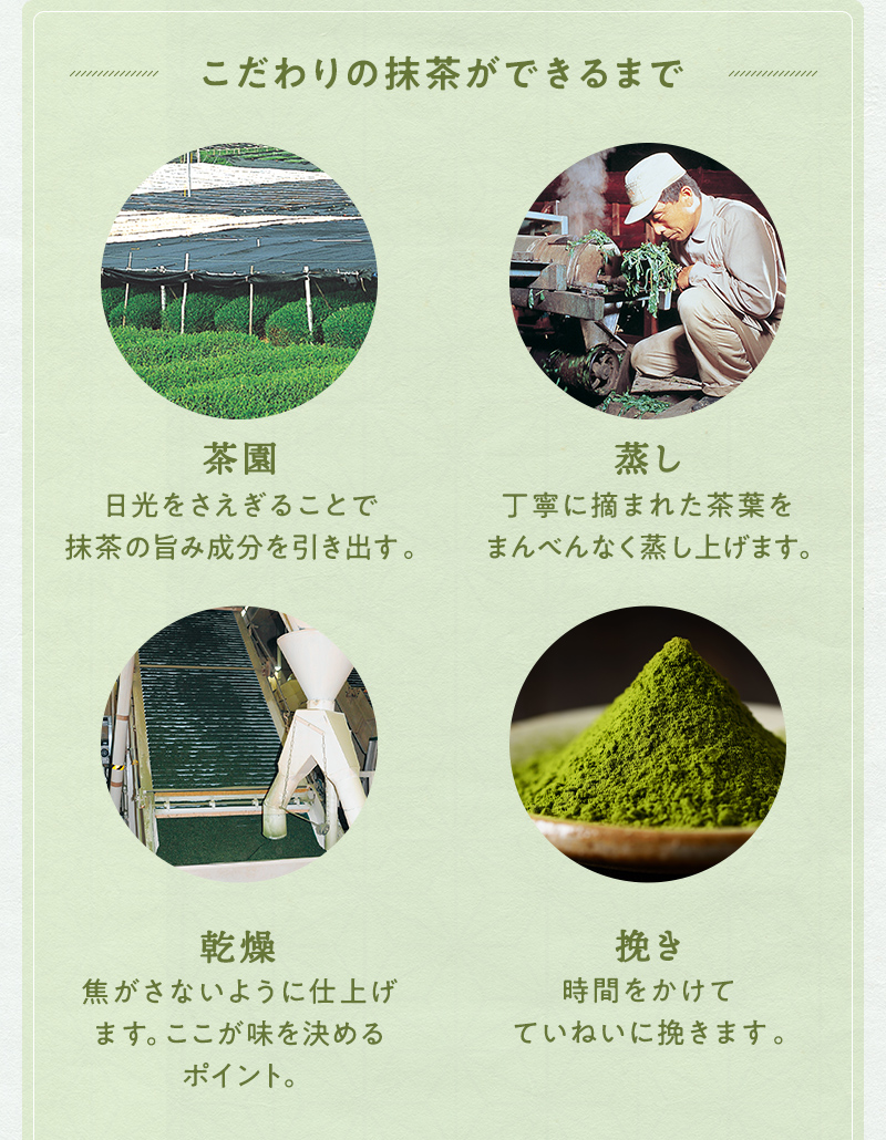 こだわりの抹茶ができるまで 茶園 蒸し 乾燥 挽き