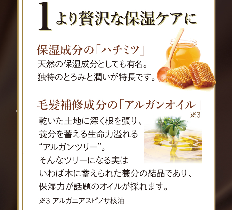 1.より贅沢な保湿ケアに　保湿成分の「ハチミツ」　毛先補修成分の「アルガンオイル」
