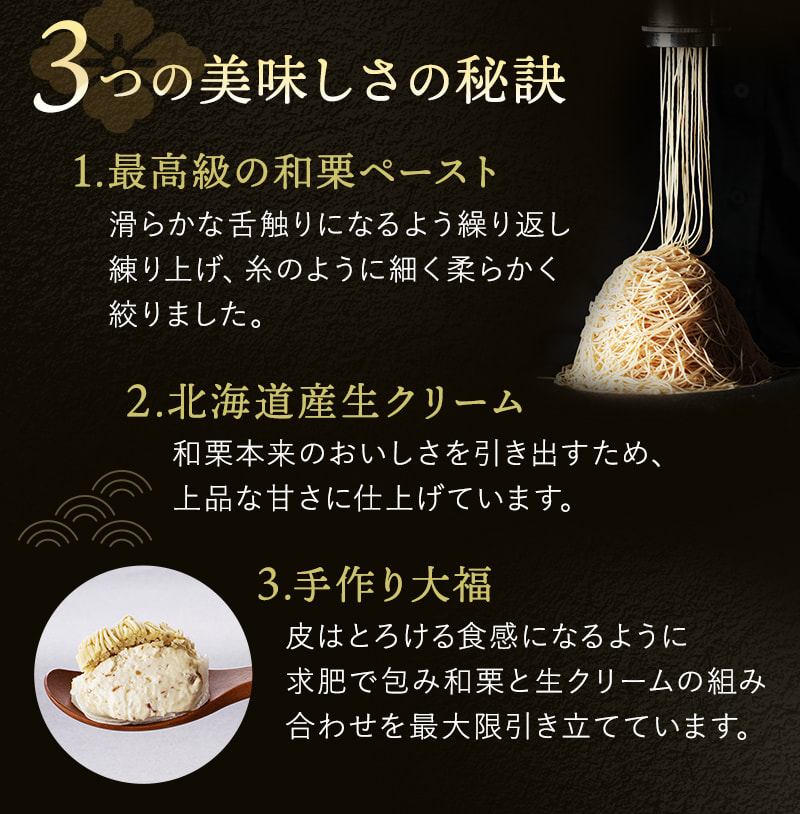 3つの美味しさの秘訣　1.最高級の和栗ペースト　2.北海道産生クリーム　3.手作り大福