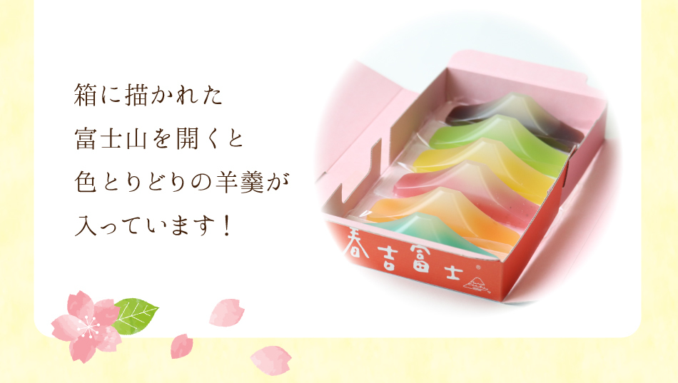 箱に描かれた富士山を開くと色とりどりの羊羹が入っています！
