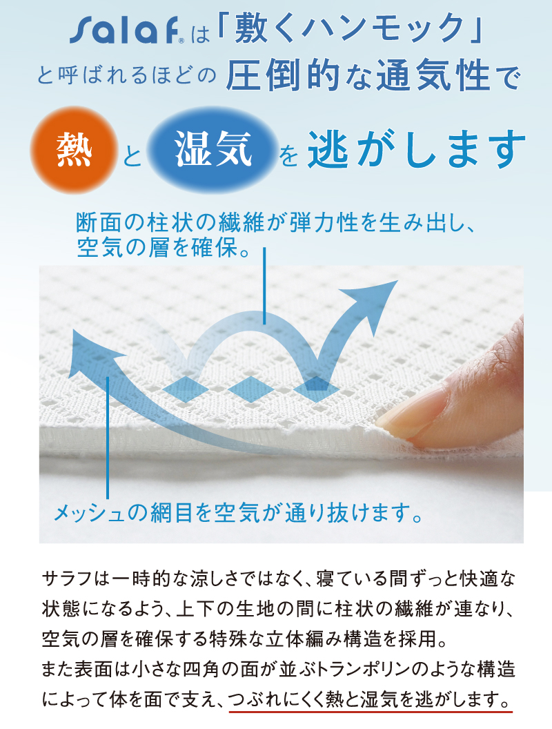 salafは「敷くハンモック」と呼ばれるほどの圧倒的な通気性で熱と湿気を逃します