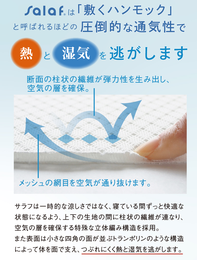 salafは「敷くハンモック」と呼ばれるほどの圧倒的な通気性で熱と湿気を逃します