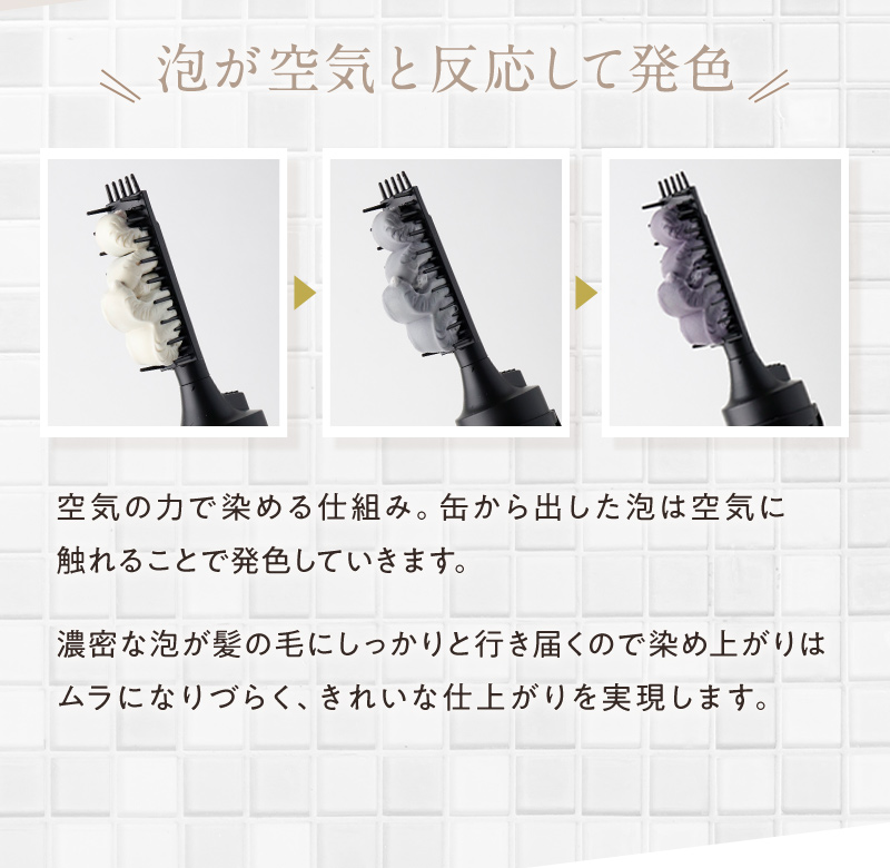 【泡が空気と反応して発色】空気の力で染める仕組み。缶から出した泡は空気に触れることでダークブラウンのカラーへと変色していきます。濃密な泡が髪の毛にしっかりと行き届くので染め上がりはムラになりづらく、きれいな仕上がりを実現します。