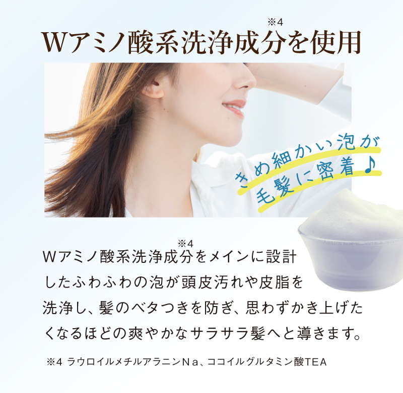 Wアミノ酸系洗浄成分を使用 きめ細かい泡が毛髪に密着♪