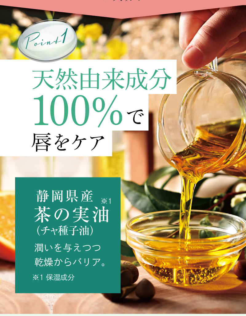 天然由来成分100%で唇をケア！静岡県産茶の実油（チャ種子油）配合