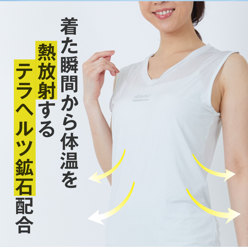 着た瞬間から体温を熱放射するテラヘルツ鉱石配合（着用イメージ：グレーホワイトのノースリーブインナー）