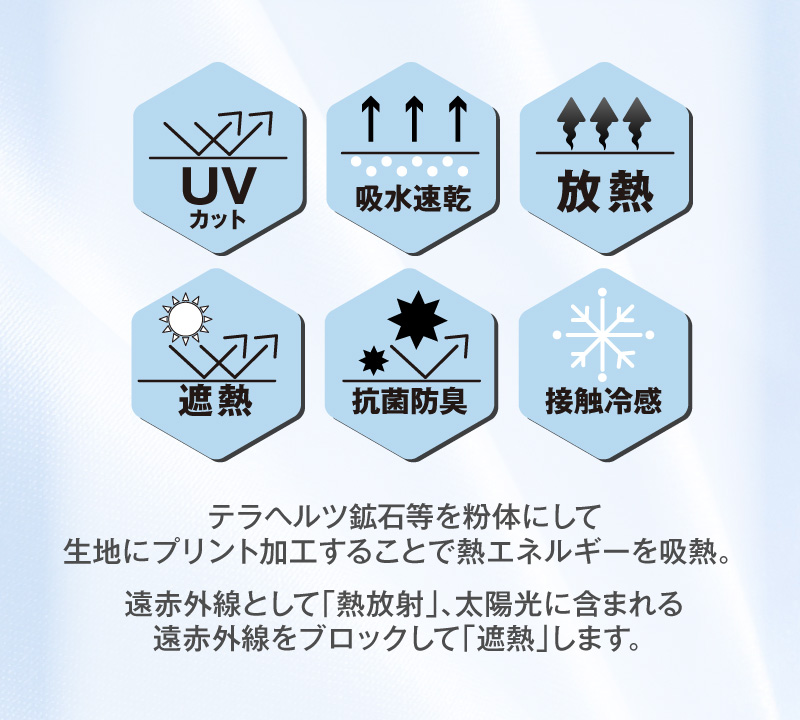 【UVカット・吸水速乾・放熱・遮熱・抗菌防臭・接触冷感】テラヘルツ鉱石等を粉体にして生地にプリント加工することで熱エネルギーを吸熱。遠赤外線として「熱放射」、太陽光に含まれる遠赤外線をブロックして「遮熱」します。