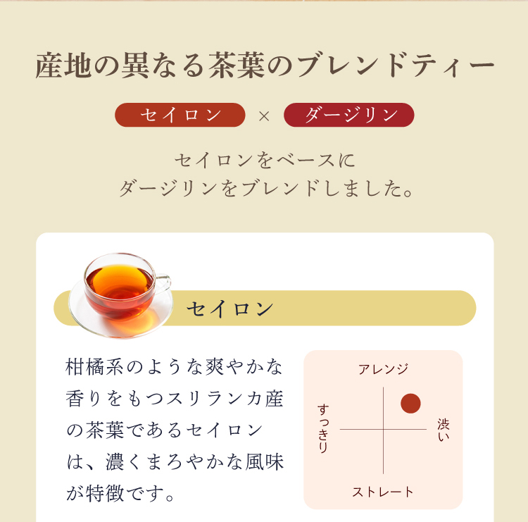 産地の異なる茶葉のブレンドティー（セイロン×ダージリン）