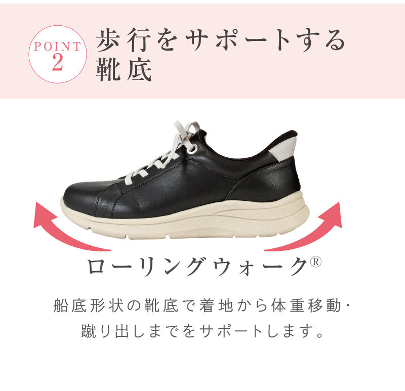 【POINT：2】歩行をサポートする船底形状の靴底（ローリングウォーク）