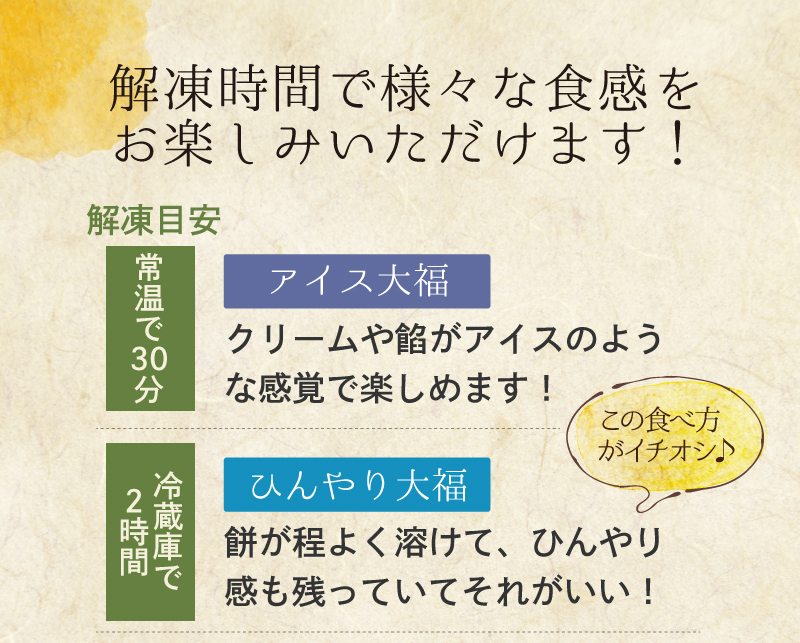 解凍方法や解凍時間の違いで様々な食感をお楽しみいただけます!おすすめは冷蔵庫で2時間解凍♪