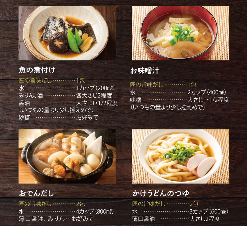 魚の煮付け、お味噌汁、おでんだし、かけうどんのつゆのだし分量