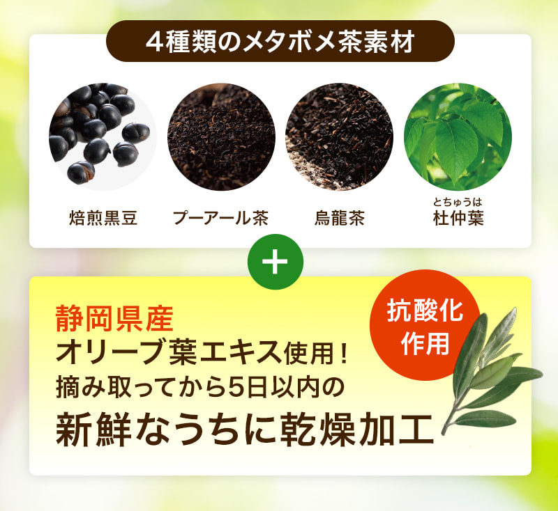 4種類のメタボメ茶素材(焙煎黒豆、プーアール茶、烏龍茶、杜仲葉)+静岡県産オリーブ葉エキス使用!摘み取ってから5日以内の新鮮なうちに乾燥加工 抗酸化作用