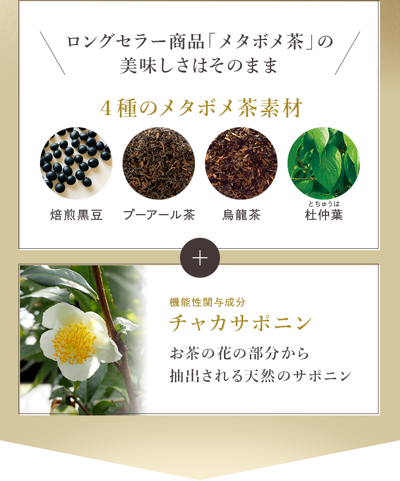 ロングセラー商品「メタボメ茶」の美味しさはそのまま 4種のメタボメ茶素材 焙煎黒豆・プーアール茶・烏龍茶・杜仲葉 ＋ 機能性関与成分チャカサポニン お茶の花の部分から抽出される天然のサポニン