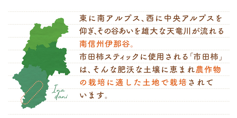 市田柿は南信州伊那谷の肥沃な土壌に恵まれ農作物の栽培に適した土地で栽培されています。