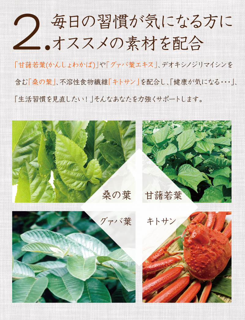 2.毎日の習慣が気になる方にオススメの素材を配合　・甘藷若葉(かんしょわかば)・グァバ葉エキス・桑の葉・キトサン