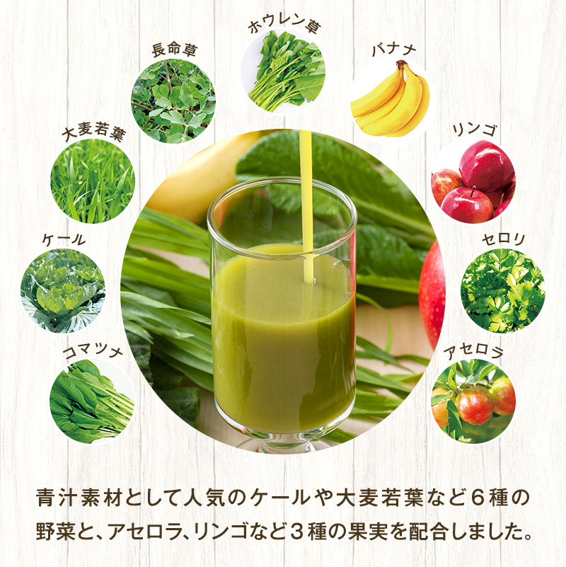 青汁素材として人気のケールや大麦若葉など6種の野菜と、アセロラ、リンゴなど3種の果実を配合しました。