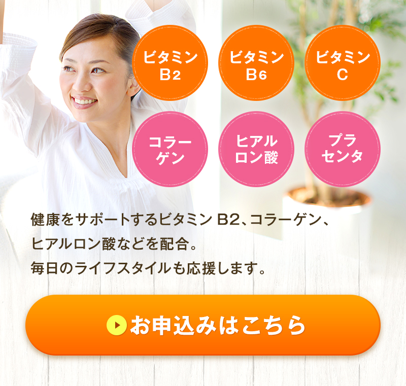 健康・美容をサポートするビタミンB2、コラーゲン、ヒアルロン酸などを配合。毎日のライフスタイルも応援します。