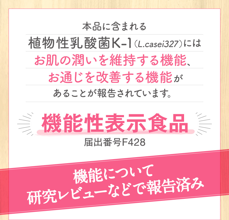 本品に含まれる植物性乳酸菌K-1 (L.casei327)には、お肌の潤いを維持する機能、お通じを改善する機能があることが報告されています。