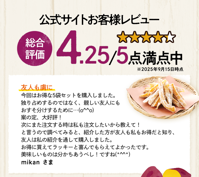 公式サイトお客様レビュー 総合評価4.25/5点満点中