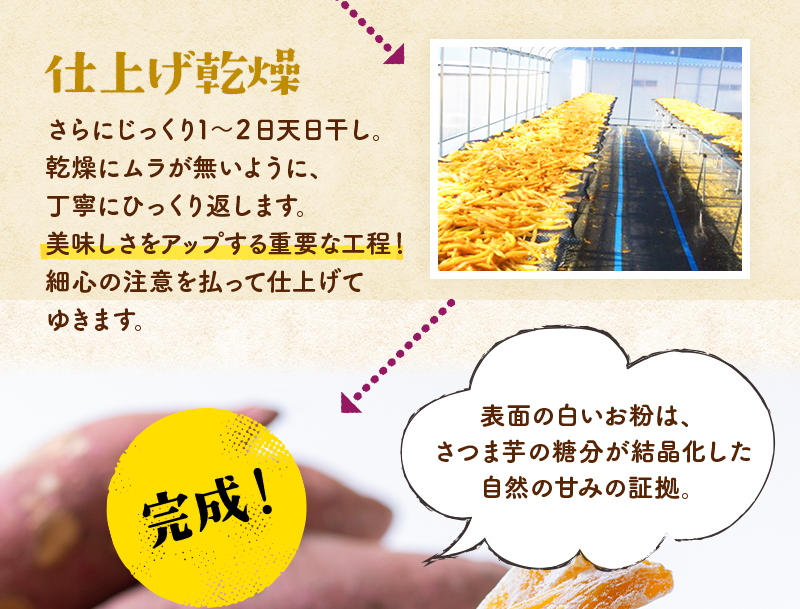 仕上げ乾燥【完成！】表面の白いお粉は、 さつま芋の糖分が結晶化した 自然の甘みの証拠。