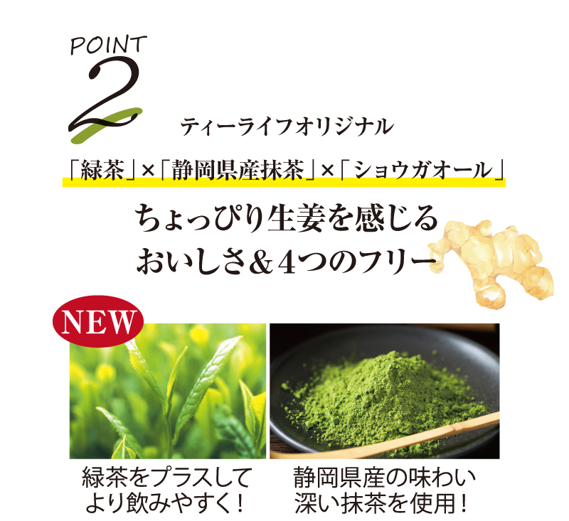 POINT2：ティーライフオリジナル「緑茶」×「静岡県産抹茶」×「ショウガオール」