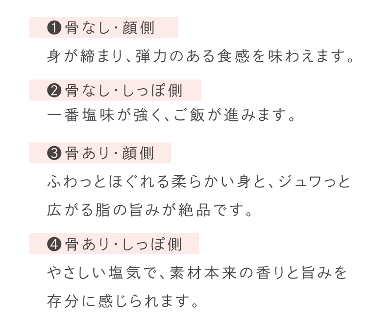骨あり・なし、顔側としっぽ側で4通りのおいしさ