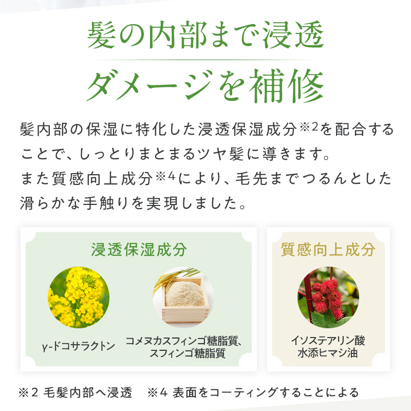 髪の内部まで浸透 ダメージを補修 髪内部の保湿に特化した浸透保湿成分※1を配合することで、しっとりまとまるツヤ髪に導きます。 また質感向上成分※2により、毛先までつるんとした滑らかな手触りを実現しました。 浸透保湿成分 y-ドコサラクトン コメヌカスフィンゴ糖脂質、スフィンゴ糖脂質 質感向上成分 イソステアリン酸 水添ヒマシ油 ※1毛髪内部へ浸透 ※2表面をコーティングすることによる