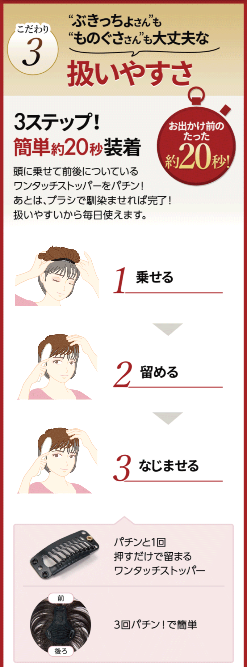 ぶきっちょさんもものぐささんも大丈夫な扱いやすさ。簡単約20秒装着