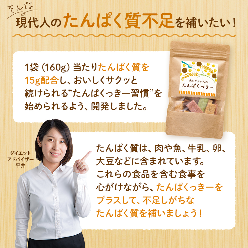 そんな「現代人のたんぱく質不足を補いたい!」1袋(160g)当たりたんぱく質を15g配合し、おいしくサクッと続けられる“たんぱくっきー習慣”を始められるよう、開発しました。