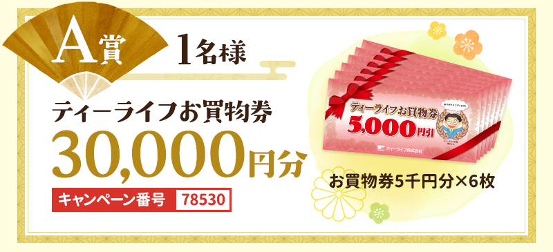A賞：ティーライフお買物券30,000円分