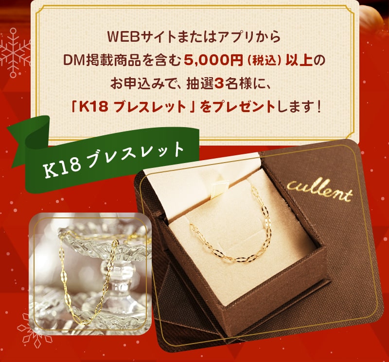 WEBサイトまたアプリからDM掲載商品を含む5,000円（税込）以上のお申し込みで、抽選3名様に、「K18ブレスレット」をプレゼントします！