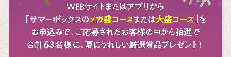 WEBサイトまたはアプリから「サマーボックスのメガ盛コースまたは大盛コース」をお申込みで、ご応募されたお客様の中から抽選で合計63名様に、夏にうれしい厳選賞品プレゼント！