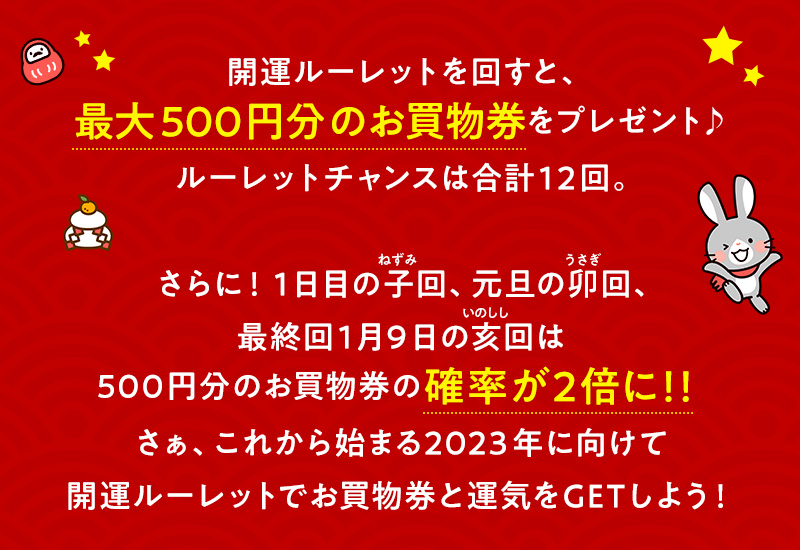 開運ルーレットを回すと、最大500円分のお買物券をプレゼント♪ルーレットチャンスは合計12回
