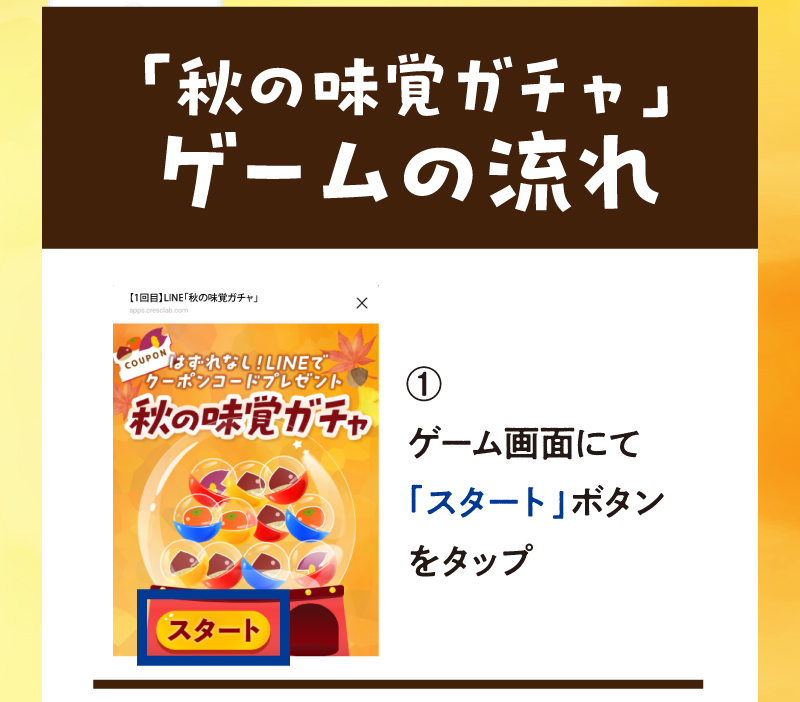 【「秋の味覚ガチャ」ゲームの流れ】1.ゲーム画面にて「スタート」ボタンをタップ