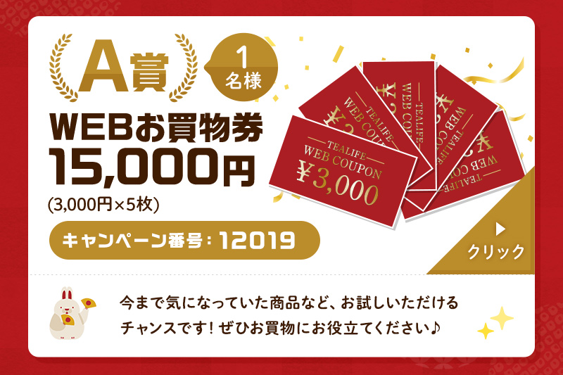 A賞 1名様 WEBお買物券15,000円（3,000円×5枚） キャンペーン番号：12019 　今まで気になっていた商品など、お試しいただけるチャンスです！ぜひお買物にお役立てください♪