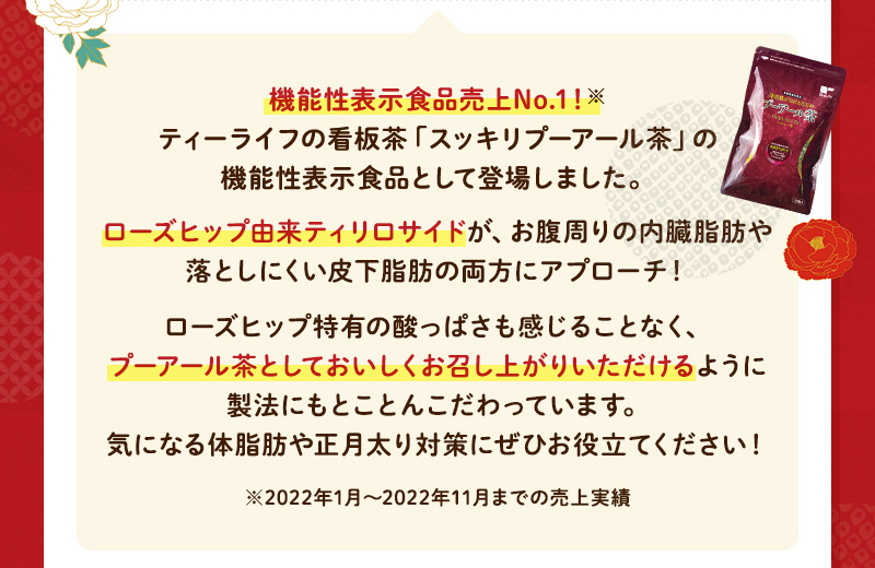 機能性表示食品売上No.1！※ティーライフの看板茶「スッキリプーアール茶」の機能性表示食品として登場しました。ローズヒップ由来ティリロサイドが、お腹周りの内臓脂肪や落としにくい皮下脂肪の両方にアプローチ！ローズヒップ特有の酸っぱさも感じることなく、プーアール茶としておいしくお召し上がりいただけるように製法にもとことんこだわっています。気になる体脂肪や正月太り対策にぜひお役立てください！※2022年1月～2022年11月までの売上実績