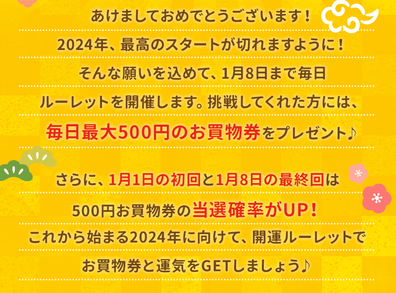 毎日最大500円のお買物券をプレゼント♪さらに、1月1日の初回と1月8日の最終回は500円お買物券の当選確率がUP！
