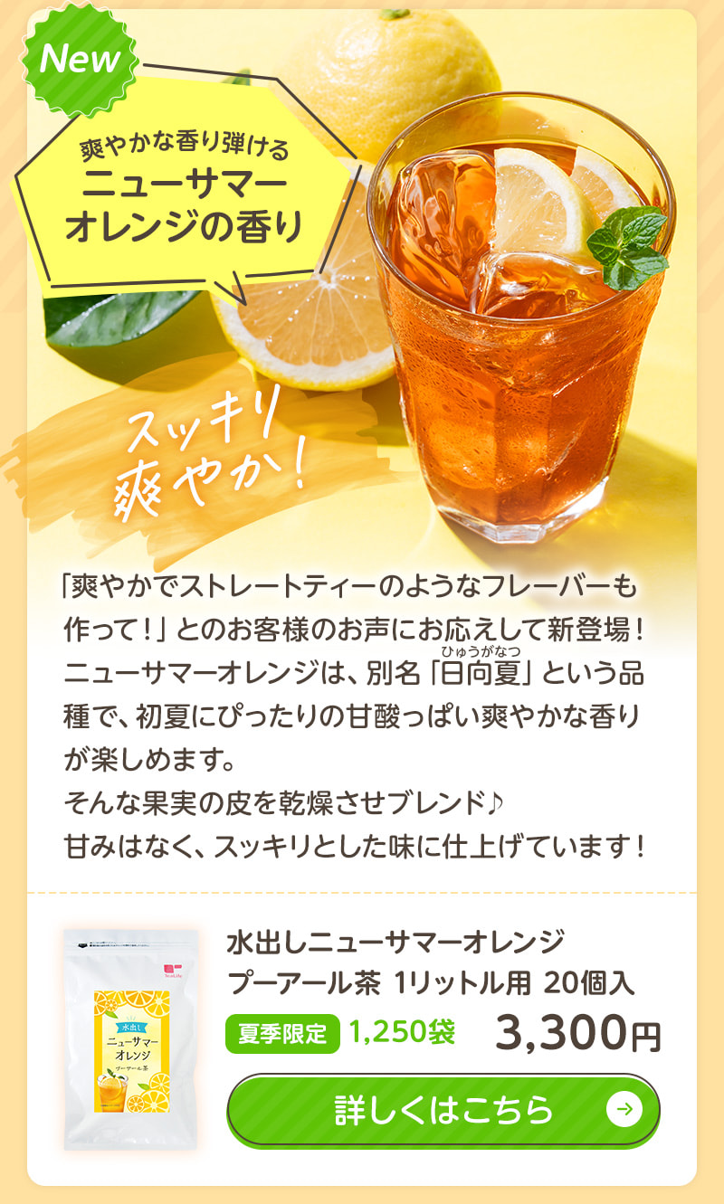 爽やかな香り弾ける「水出しニューサマーオレンジプーアール茶」は、甘みはなくスッキリとした味に仕上げています！商品のお申込みはこちらから