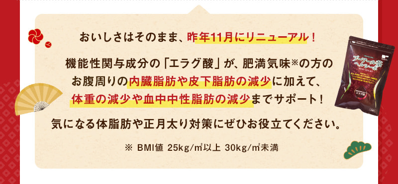 機能性関与成分の「エラグ酸」が、肥満気味※の方のお腹周りの内臓脂肪や皮下脂肪の減少に加えて、体重の減少や血中中性脂肪の減少までサポート！気になる体脂肪や正月太り対策にぜひお役立てください。※ BMI値 25kg/㎡以上 30kg/㎡未満