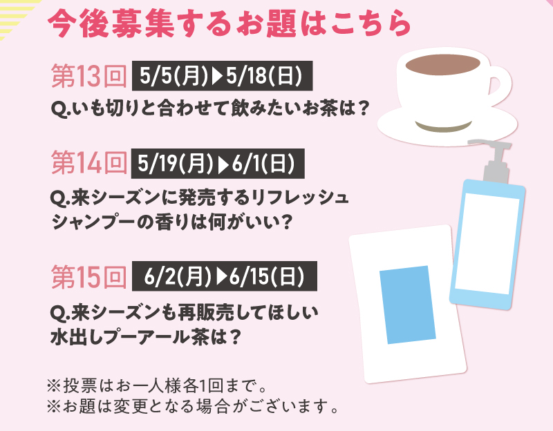 今後募集するお題はこちら（第13回：5月5日～5月18日まで、第14回：5月19日～6月1日まで、第15回：6月2日～6月15日まで）
