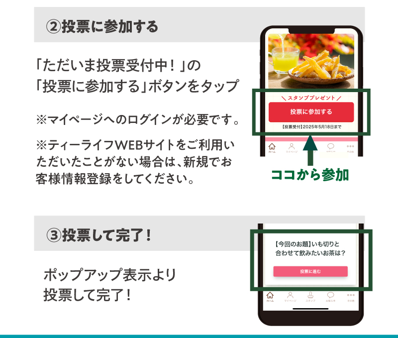 参加方法【2】投票に参加する、【3】投票して完了
