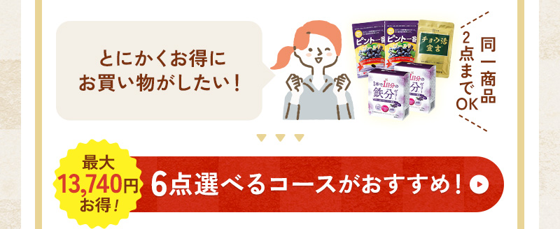 お気に入りの商品をたくさん買いたい！そんな方には、6点選べるコースがおすすめ！