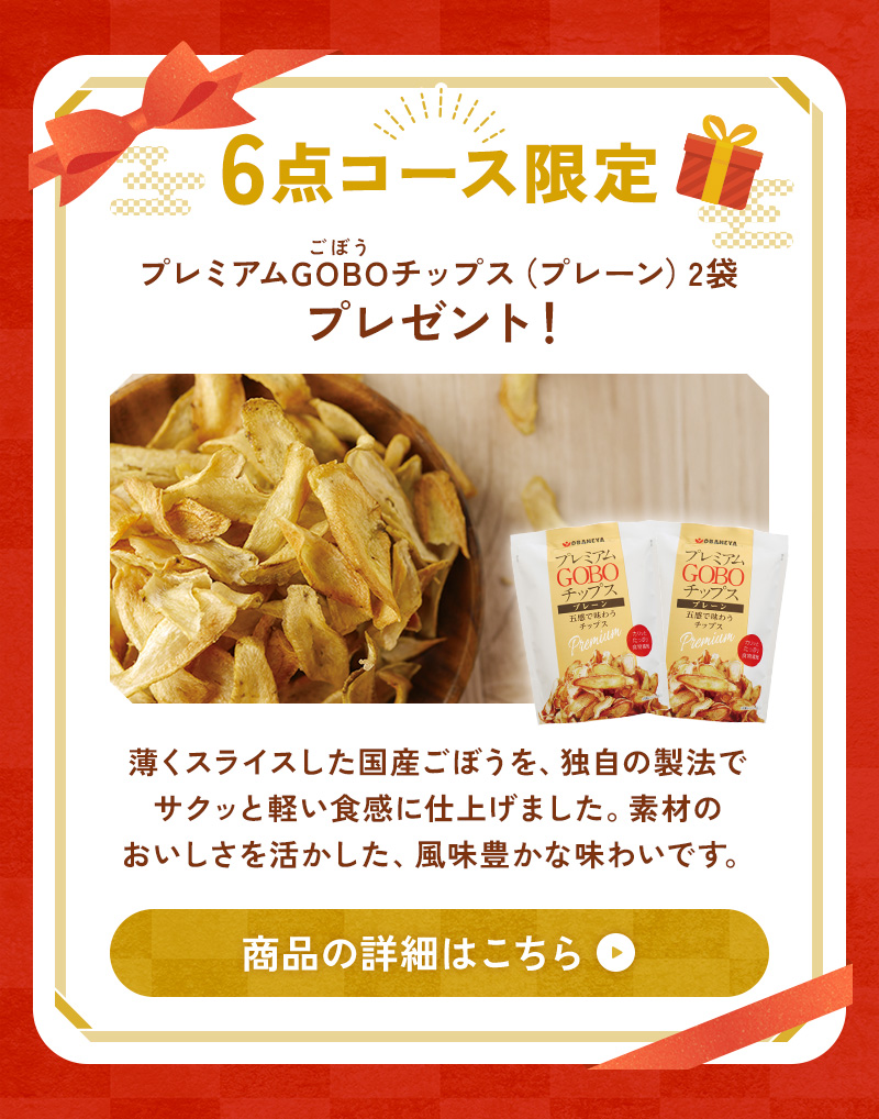 6点選べるコースならプレミアムGOBOチップス（プレーン）プレゼント！