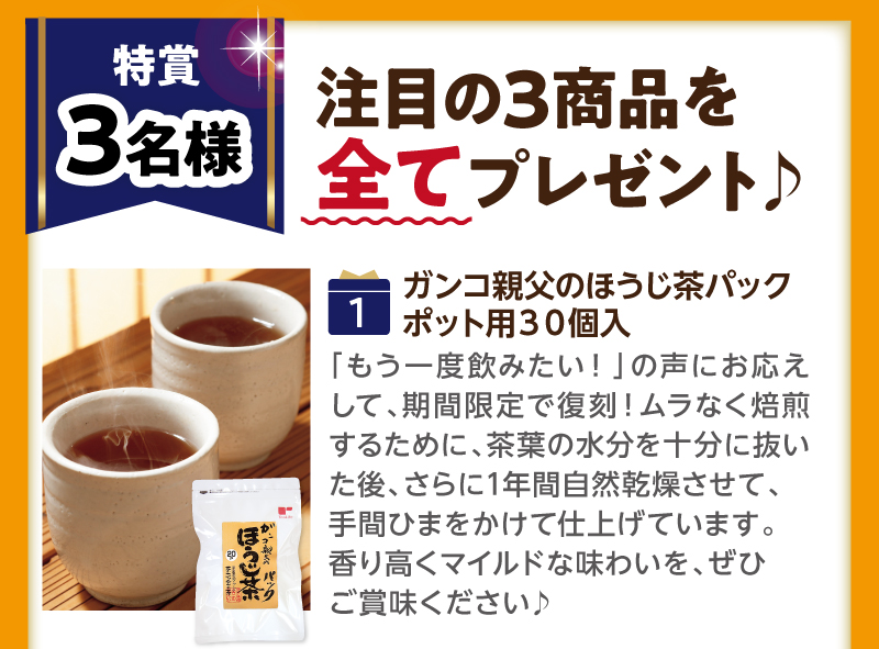 【特賞3名様】（1）ガンコ親父のほうじ茶ポット用30個入