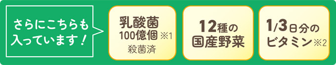 さらにこちらも入っています！乳酸菌100億個※1殺菌済 12種の国産野菜 1/3日分のビタミン※2